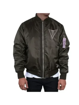Sleek black satin Valkyries FISLL Eclipse Jacket featuring a classic rib-knitted collar and a smooth front zipper closure.