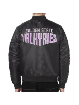 Rear view of Valkyries FISLL Eclipse Jacket in black satin, showcasing the smooth texture and rib-knitted hem details.
