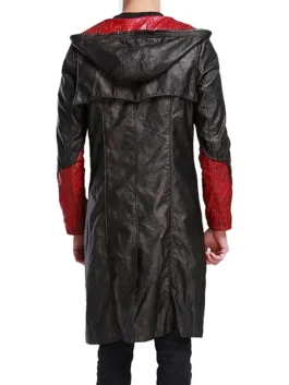 Back view of Devil May Cry Dante black hooded leather trench coat with long gaming-inspired design