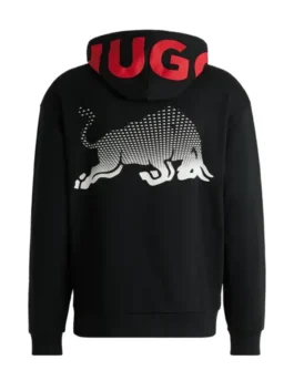 Visa Cash App Racing Bulls Black Blur Hoodie back view with red hood text and bull graphic