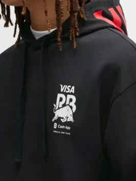 Visa Cash App Racing Bulls Black Blur Hoodie close up with chest logo and hood detail