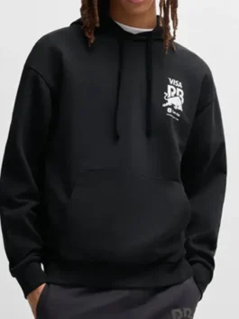 Close up of Visa Cash App Racing Bulls black blur hoodie chest logo and drawstring hood