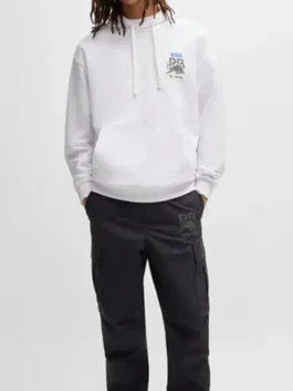 Model wearing Visa Cash App Racing Bulls white blur hoodie with kangaroo pocket and drawstrings