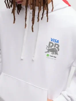 Close up of Visa Cash App Racing Bulls white hoodie chest logo and hood drawstrings