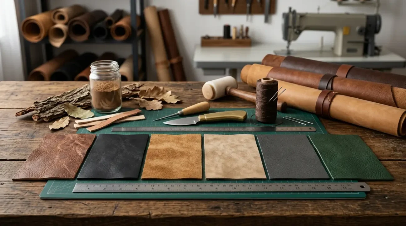 What is leather made of guide showing leather types, grades, tanning tools, hides, and material samples