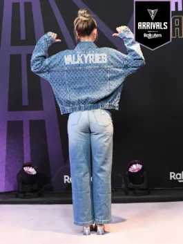 Fashion-forward blue denim jacket worn at the 2026 WNBA arrivals, featuring high-quality fabric and sleek lines.