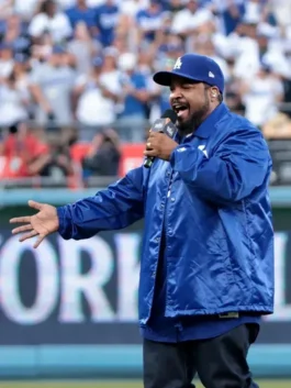 Ice Cube Los Angeles Dodgers Jacket with World Series styling, blue satin shine, and sharp sporty finish