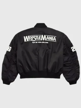 WWE x XO Bomber Jacket back view with black polyester, ribbed trim, and clean rear bomber styling