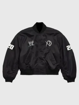 WWE x XO Bomber Jacket in black with sleek bomber styling, rib-knitted collar, and clean button closure
