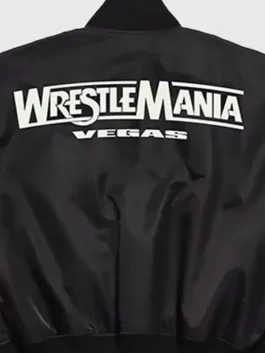 WWE x XO Bomber Jacket in black polyester with ribbed collar, button front, and bold fanwear styling