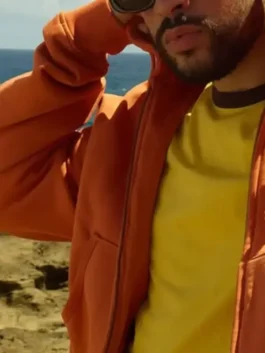 Bad Bunny Zara Hoodie orange style with soft fleece, kangaroo pockets, and relaxed zip-up streetwear fit