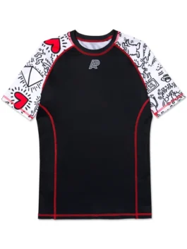A&P x Keith Haring SS Rashguard front view with black and white artwork, crew neck, and athletic fit