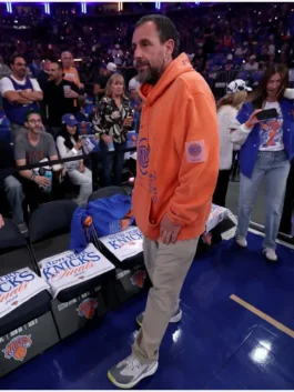 Adam Sandler Knicks Hoodie in orange with bold fan-inspired styling and casual streetwear appeal