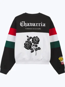 Back view of the Adidas Chavarria Chicano Crewneck Shirt showcasing the full Chicano inspired design from the Adidas x Chavarria drop