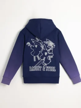 Rabbit and Steel Hoodie back view with detailed artwork and navy blue casual streetwear styling
