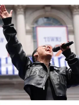 Black Knicks Victory Parade Alicia Keys Jacket spotted on Alicia Keys celebrating the Knicks championship victory parade