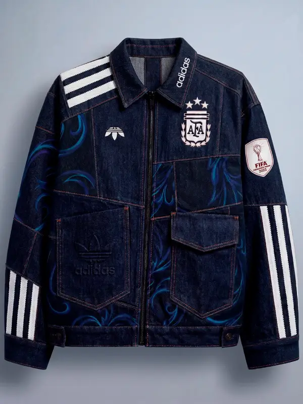 Argentina World Cup Denim Sports Jacket front view featuring premium denim construction, football-inspired styling, and classic Argentina-themed design