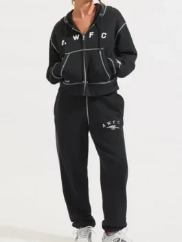 Arsenal AWFC Black Hoodie front view featuring premium fleece comfort, athletic styling, and Arsenal Women inspired fashion