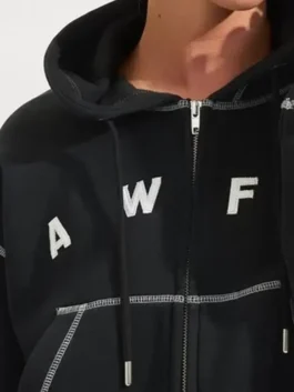 Arsenal AWFC Black Hoodie closeup view displaying premium fabric texture, detailed stitching, and quality craftsmanship