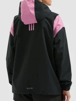 Arsenal Adidas Womens Golf Rain Jacket model back view with streamlined design and sporty outdoor styling