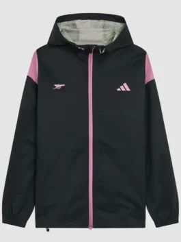 Arsenal Adidas Womens Golf Rain Jacket front view with black waterproof styling and sporty golf-inspired design