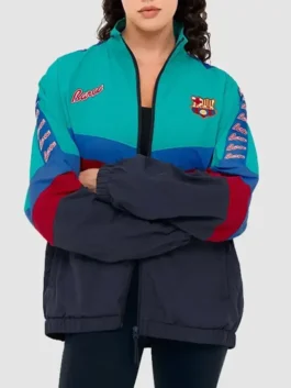 FC Barcelona Retro Jacket model front view with athletic styling and classic football-inspired design
