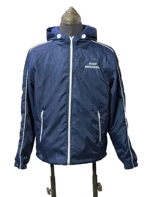 Front view of the BTS Keep Swimming Blue Jacket showcasing the protective hooded collar with adjustable drawstrings.