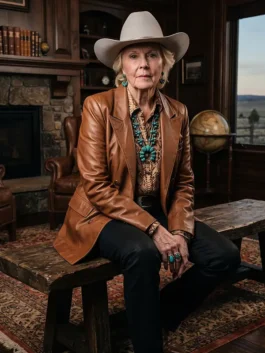 Brown Annette Bening Brown Leather Blazer from the Dutton Ranch series representing the iconic Beulah Jackson character style