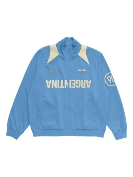 CJ X Nike Argentina Total 90 Anthem Jacket front view with retro football styling, premium materials, and athletic streetwear influence