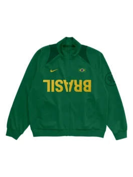 CJ X Nike Total 90 Brasil Anthem Jacket front view featuring retro football styling, premium craftsmanship, and Brasil-inspired sportswear design