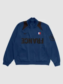 CJ X Nike Total 90 France Anthem Jacket front view featuring football-inspired styling, premium craftsmanship, and France-themed sportswear appeal