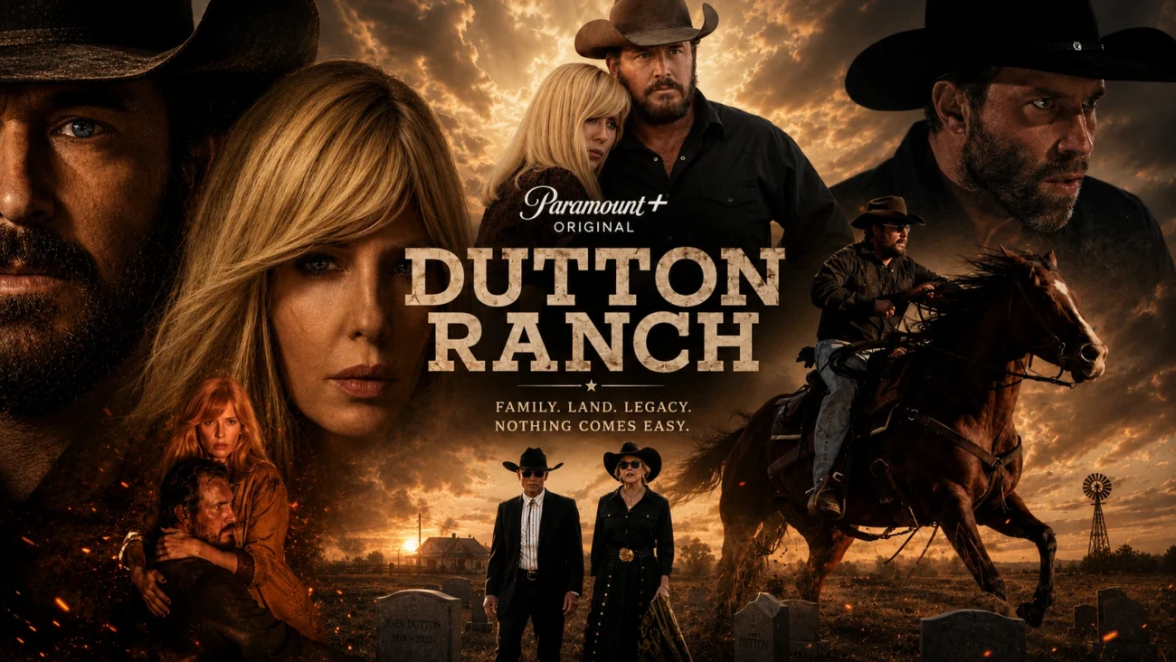 Dutton Ranch 2026 official Paramount Plus poster featuring full cast including Kelly Reilly as Beth Dutton and Cole Hauser as Rip Wheeler with tagline Family Land Legacy Nothing Comes Easy