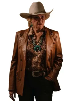 Brown Annette Bening Brown Leather Blazer from the 2026 Dutton Ranch series celebrating Annette Bening's iconic on-screen presence