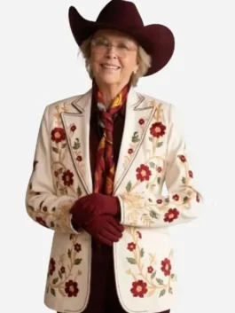 Front profile of the Dutton Ranch Beulah Jackson Floral Blazer showing the classic button closure and soft viscose lining.