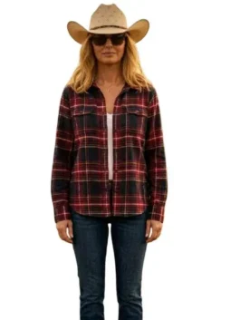 Front view of the red Dutton Ranch Beth Dutton Plaid Shirt putting the full iconic Beth Dutton western style on bold display