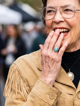 Beige Dutton Ranch Premiere Annette Bening Fringe Jacket from the iconic Dutton Ranch 2026 New York premiere red carpet moment