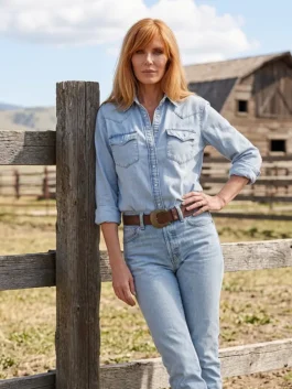 Blue Dutton Ranch Kelly Reilly Denim Shirt worn by Beth Dutton bringing bold western ranch energy to every scene in Dutton Ranch
