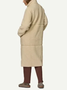 Back view of the white Dutton Ranch Beth Dutton Sherpa Coat revealing the full design of this iconic Beth Dutton ranch style piece