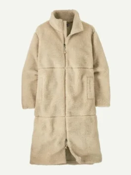 Front view of the white Dutton Ranch Beth Dutton Sherpa Coat putting the full fierce western style of Beth Dutton on bold display