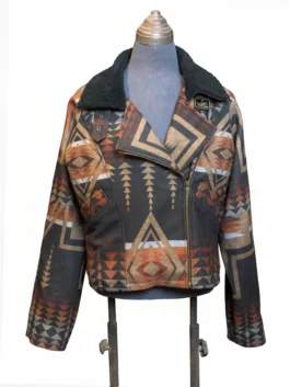 Full front view of the Dutton Ranch Beth Dutton Western geometric print jacket displayed on a mannequin against a white background.