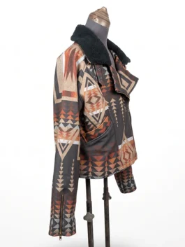 Left profile view of a Western print jacket on a mannequin, showcasing the continuous pattern along the arm and shoulder.