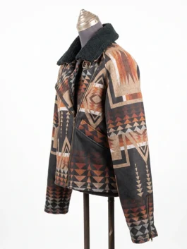 Right profile view of the asymmetrical Western print jacket, highlighting the collar buckle and side silhouette.