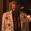 A premium white Dutton Ranch Beulah Jackson Floral Blazer crafted from cotton fabric with an elegant lapel collar.