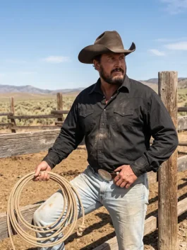 Black Dutton Ranch Rip Wheeler Black Shirt as worn by Cole Hauser bringing the iconic Rip Wheeler western style to life on screen