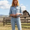 Blue Dutton Ranch Kelly Reilly Denim Shirt capturing the rugged western spirit of Kelly Reilly's iconic Dutton Ranch on-screen style