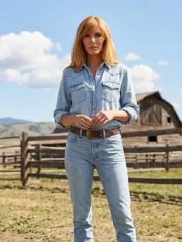 Blue Dutton Ranch Kelly Reilly Denim Shirt capturing the rugged western spirit of Kelly Reilly's iconic Dutton Ranch on-screen style