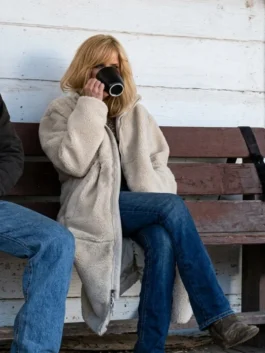 White Dutton Ranch Beth Dutton Sherpa Coat as worn by Kelly Reilly bringing the iconic Beth Dutton ranch style to life on screen