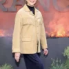 Classic beige Dutton Ranch Premiere Annette Bening Fringe Jacket celebrating Annette Bening's stunning western style at the Dutton Ranch premiere