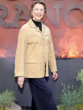 Classic beige Dutton Ranch Premiere Annette Bening Fringe Jacket celebrating Annette Bening's stunning western style at the Dutton Ranch premiere