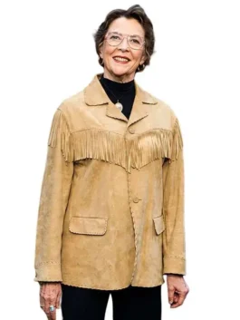 Front view of the beige Dutton Ranch Premiere Annette Bening Fringe Jacket putting Annette Bening's iconic premiere style on display